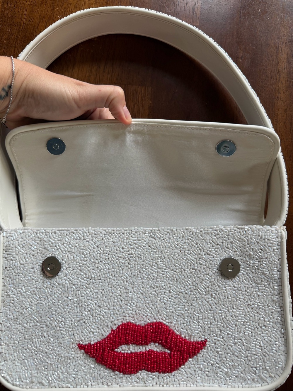 STAUD White Beaded Shoulder Bag with Blue Eye Detail and Red Lips - Picture 3 of 5